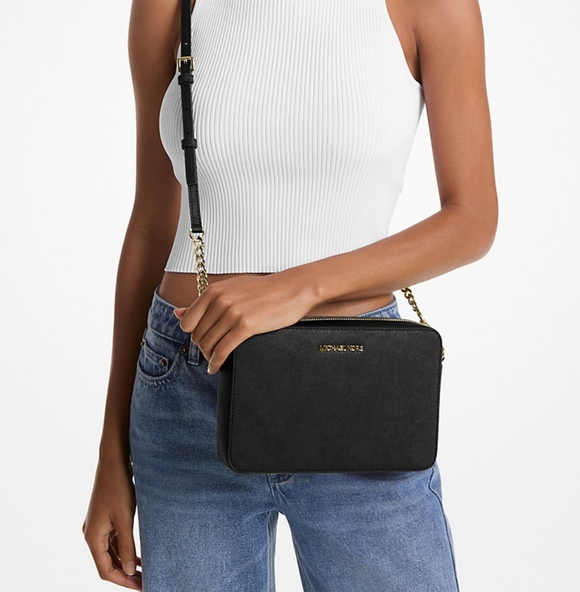 Michael Kors Jet Set Large Saffiano Leather Crossbody Bag Black And Gold - Picture 2 of 12